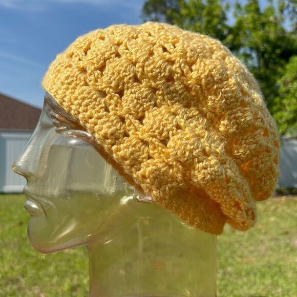 Slouchy Beanie cap hat yellow gold knitted boho cap  handmade - Picture 2 of 6